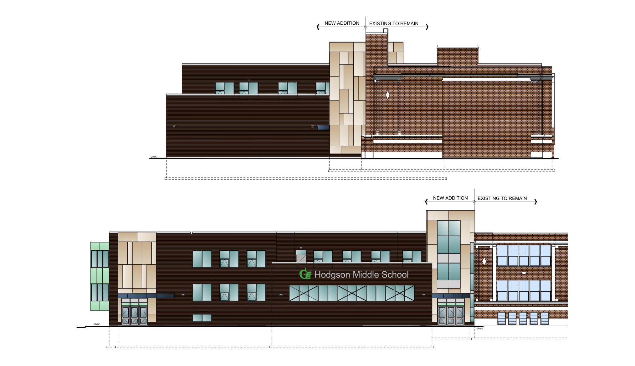 Top is the west elevation of the school looking from the skating rink, the bottom is the north elevation looking from the rear of the school. Open Gallery